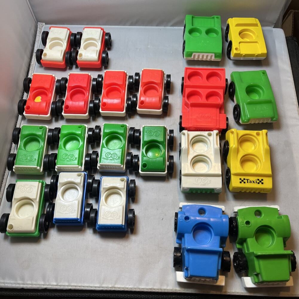 Vintage 21 Fisher Price Little People Lot of Vehicles Cars Taxi Etc